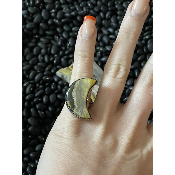 Native Sterling Silver🩵Bumblebee Jasper Crescent Moon🌙Ring~Celestial~Size 5 - Picture 1 of 6